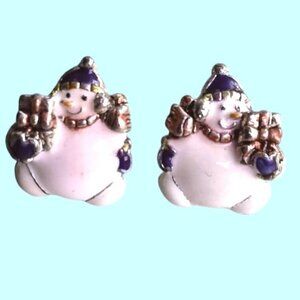 Snowman Earrings White Enamel Post Christmas Holiday Jewelry